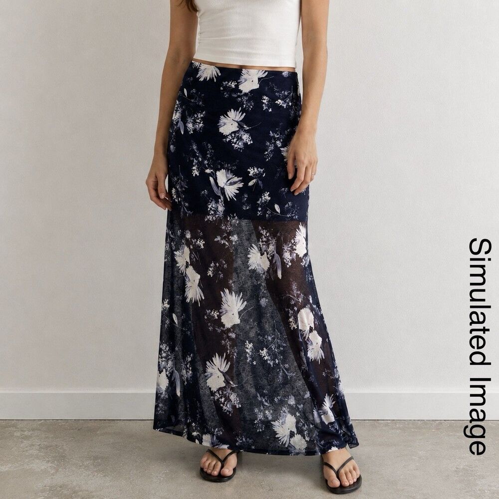 Abercrombie & Fitch Floral Sheer Maxi Skirt Womens M Navy Lined Boho